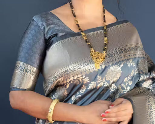 Model wearing steel grey Banarasi silk saree - full length front view