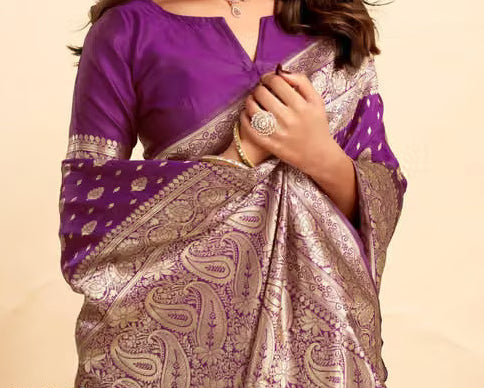 Model wearing violet Banarasi silk saree - full length front view