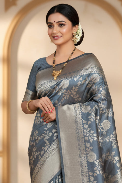 Model wearing steel grey Banarasi silk saree - full length front view with pleats