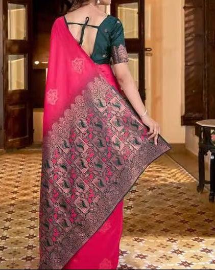 Hot Pink Banarasi Silk Saree - Back drape showing dark zari pallu