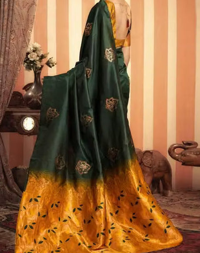 Dark Green Mustard Silk Saree - Back drape with mustard pallu