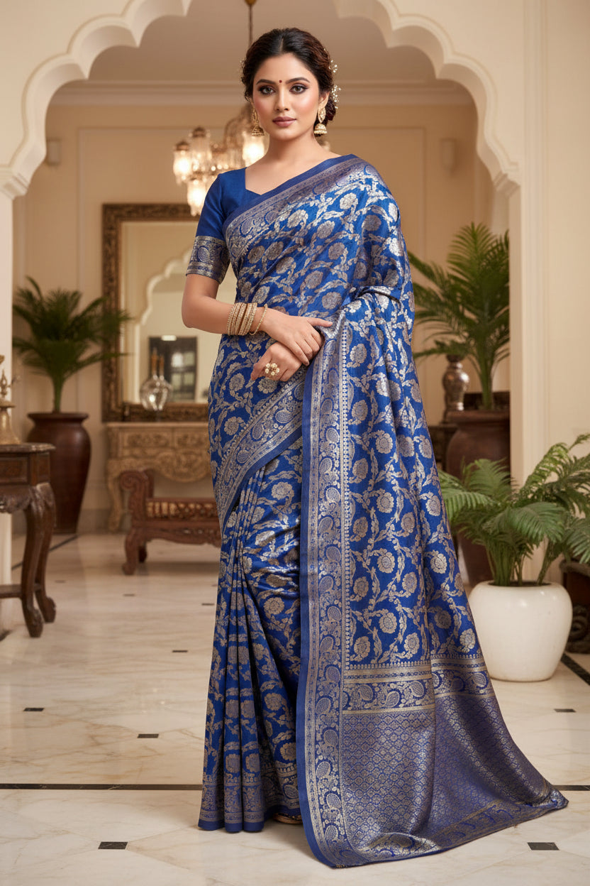 Royal Blue Banarasi Silk Saree - Model full front drape showing silver-gold floral jaal weave