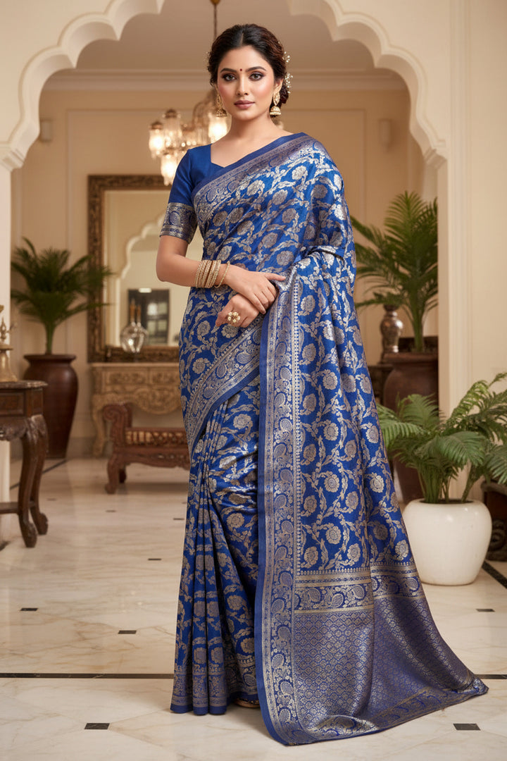 Royal Blue Banarasi Silk Saree - Model full front drape showing silver-gold floral jaal weave