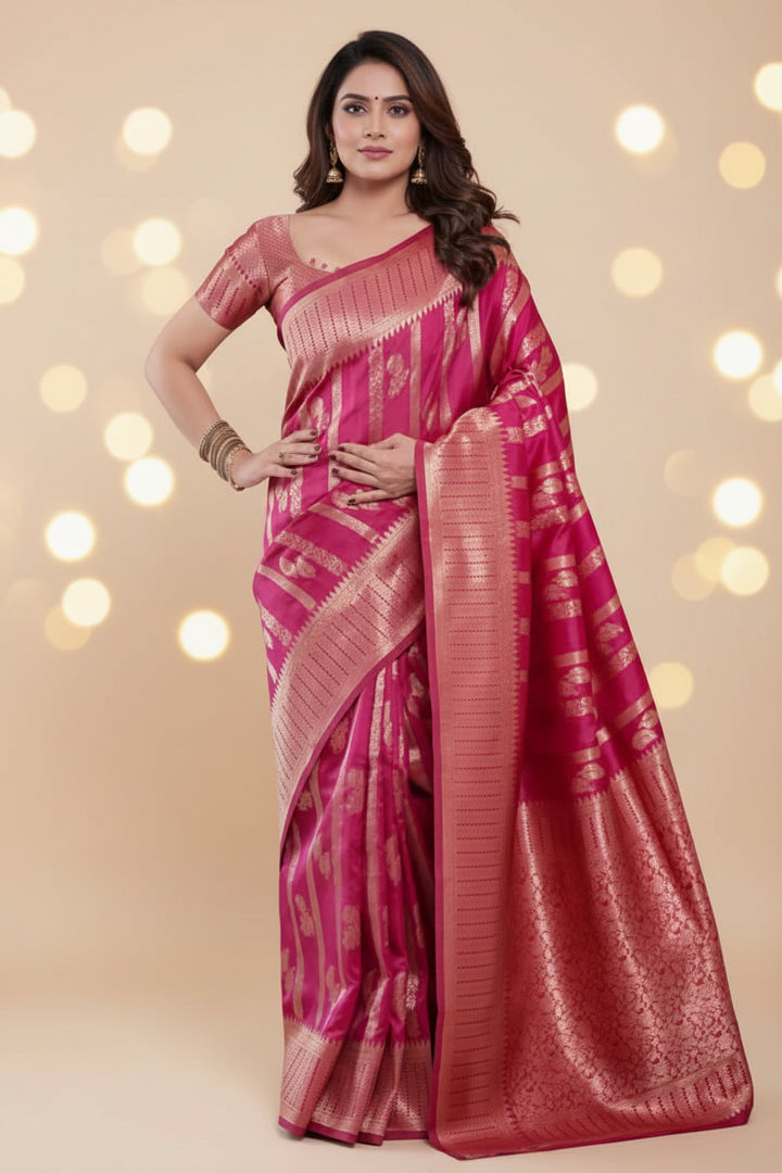 Model wearing pink Banarasi silk saree with gold zari - front view