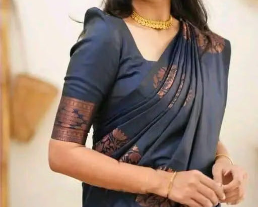 Navy Blue Banarasi Silk Saree - Model close-up showing copper zari blouse sleeves