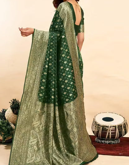 Dark Green Banarasi Silk Saree - Model back view showing full gold paisley zari pallu