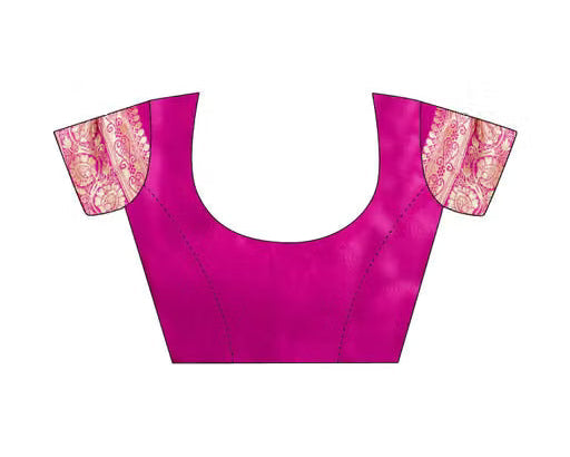 Model wearing magenta Banarasi silk saree - back view