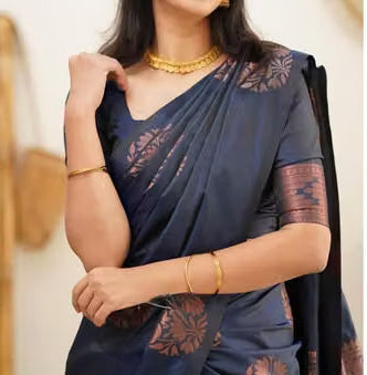 Navy Blue Banarasi Silk Saree - Model portrait with gold jewellery