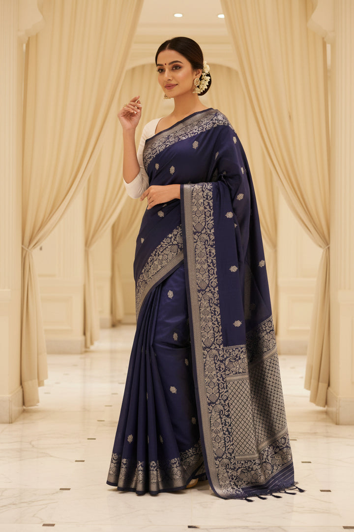 Navy Blue Banarasi Silk Saree - Model outdoor full drape showing grand silver zari border and pallu