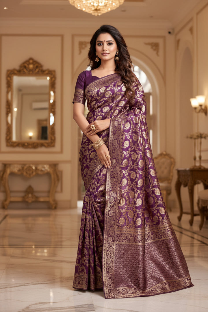 Model wearing deep purple Banarasi silk saree - full length side view