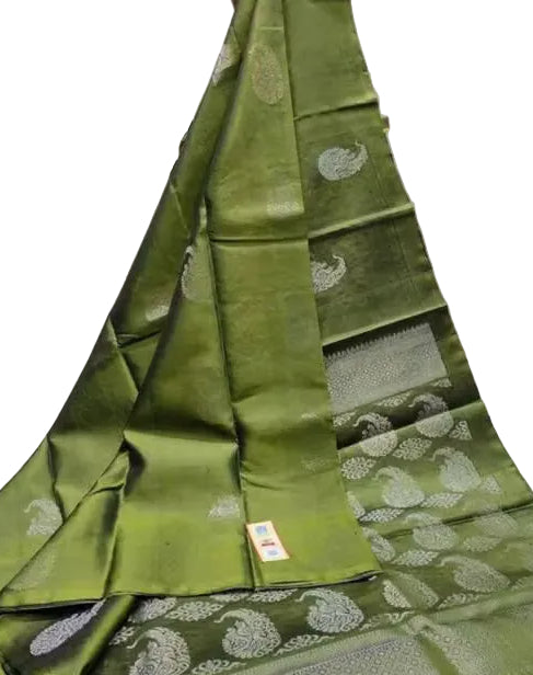 Olive Green Kanjipuram Silk Saree - Pallu close-up with silver zari border
