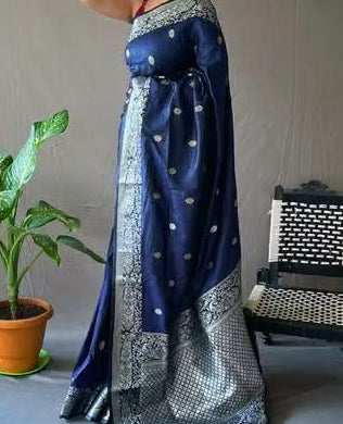 Navy Blue Banarasi Silk Saree - Model full length indoor drape with silver zari pallu