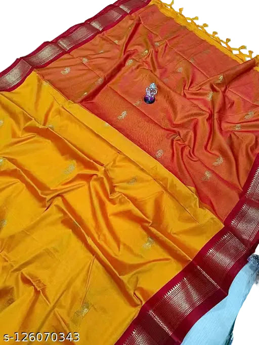 Yellow and red silk saree with gold zari border - folded detail
