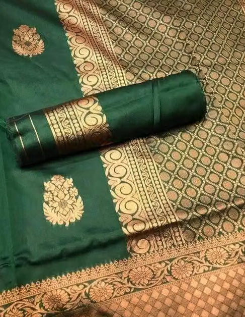 Bottle Green Banarasi Silk Saree - Rolled blouse piece with gold zari border detail