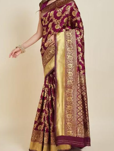 Magenta Banarasi Silk Saree - Side drape view