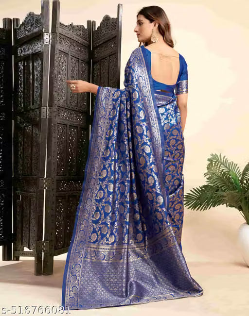 Royal Blue Banarasi Silk Saree - Model back view showing grand zari pallu and border