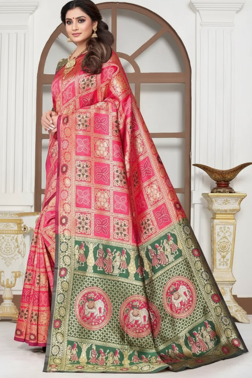 Pink Patola Silk Saree - Full drape side view