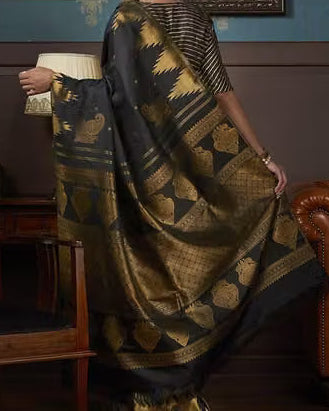 Black Kanjipuram Silk Saree - Back view showing full pallu drape