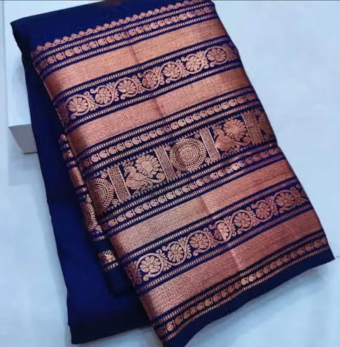 Royal Blue Kanjipuram Silk Saree - Folded view showing elaborate copper zari pallu