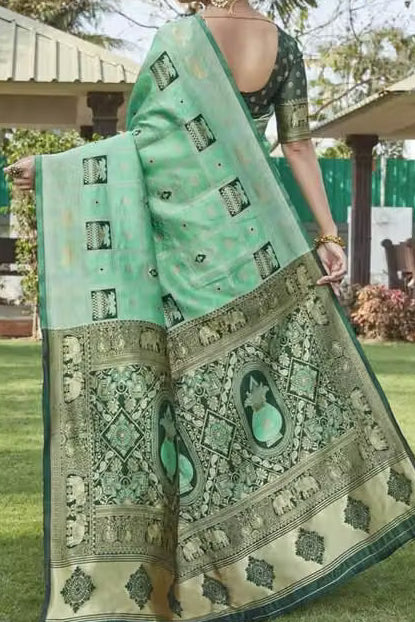 Mint Green Banarasi Silk Saree - Back drape showing elephant and peacock pallu