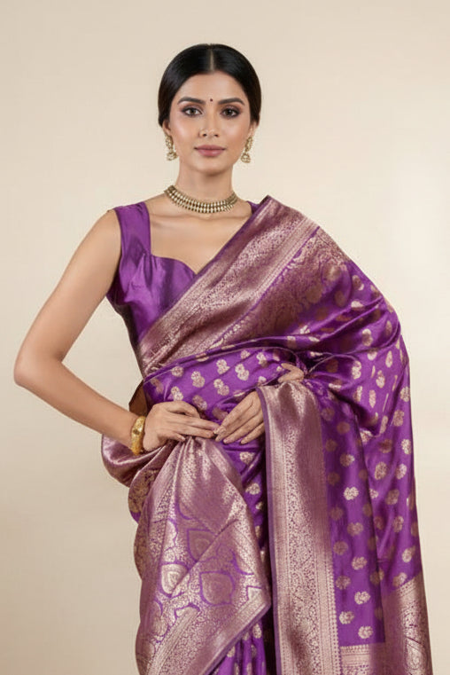 Model wearing purple Banarasi silk saree - drape close-up