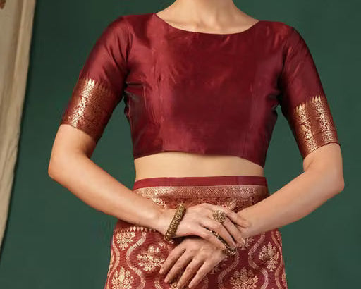 Maroon Banarasi Silk Saree - Model close-up showing maroon silk blouse with gold zari sleeve border