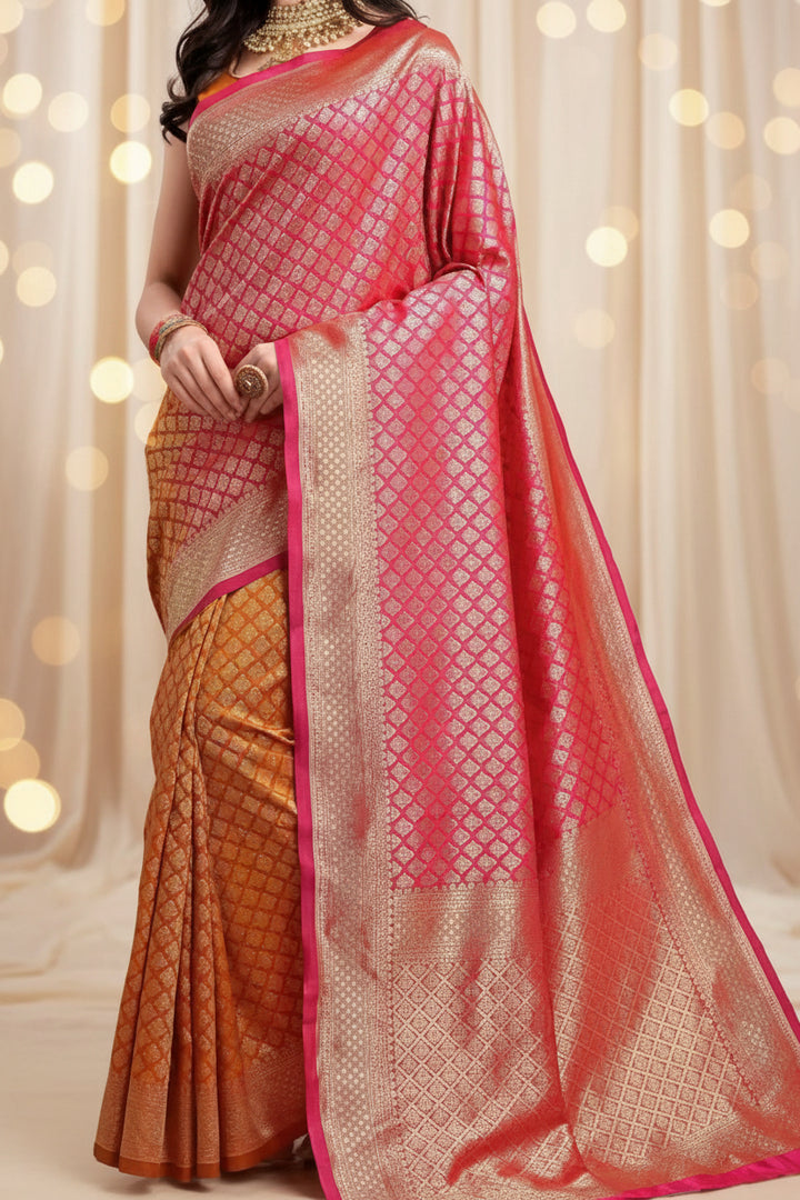 Model wearing pink and orange dual tone Banarasi silk saree - front view with pallu