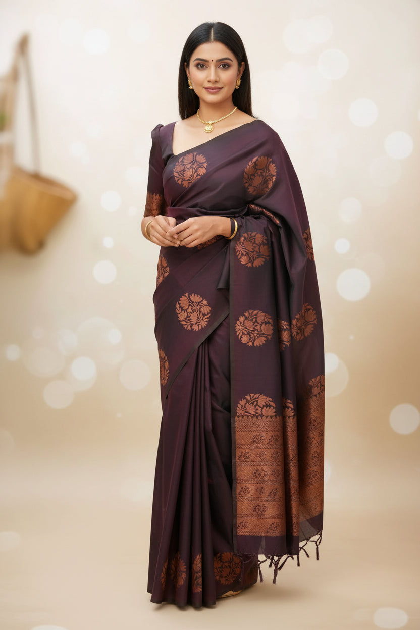 Chocolate Brown Banarasi Silk Saree - Model close-up showing copper floral buti