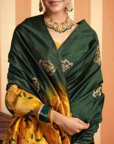 Dark Green Mustard Silk Saree - Model close-up with zari buti detail