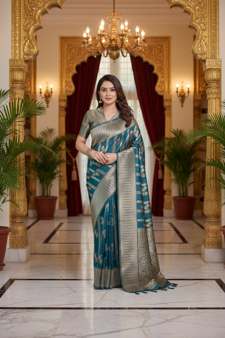 Teal Banarasi silk saree - full drape side view