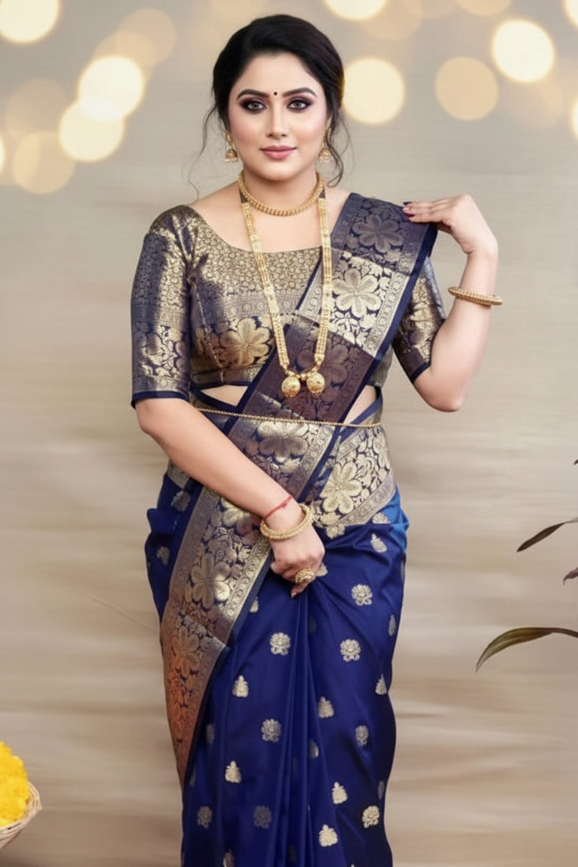 Navy Blue Banarasi Silk Saree - Full front drape view