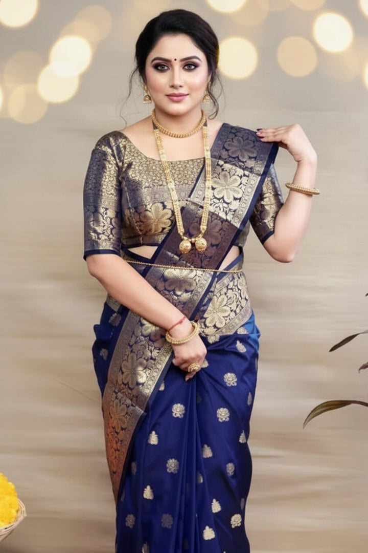Navy Blue Banarasi Silk Saree - Full front drape view