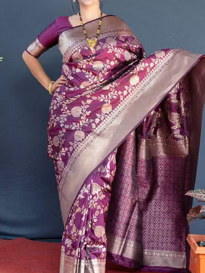 Wine Purple Banarasi Silk Saree - Model full front drape with gold jewellery