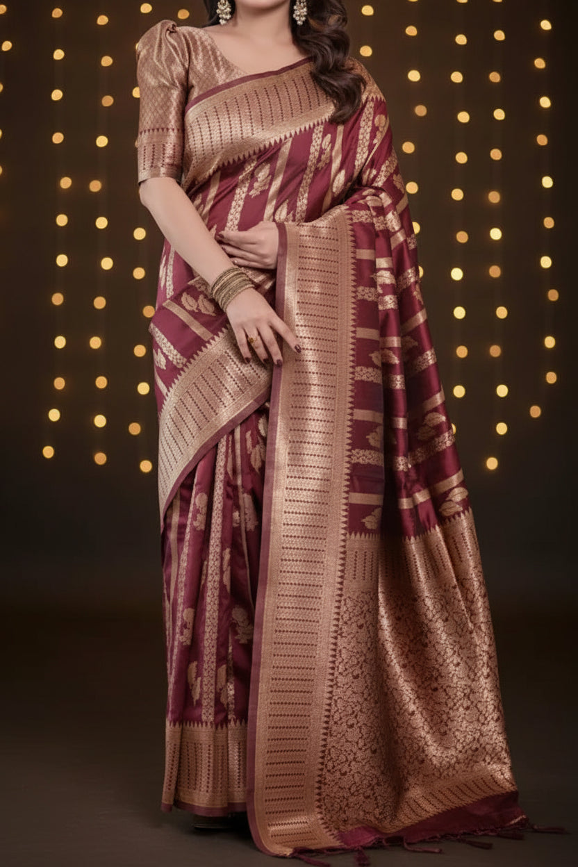 Model wearing maroon Banarasi silk saree with gold zari - side view