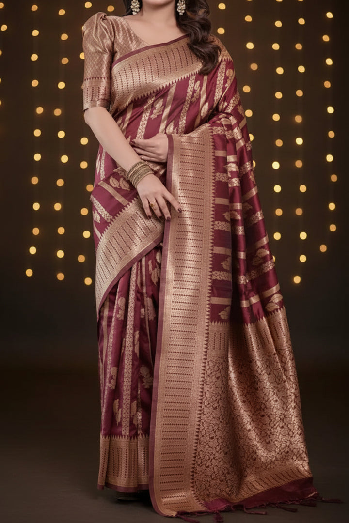 Model wearing maroon Banarasi silk saree with gold zari - side view