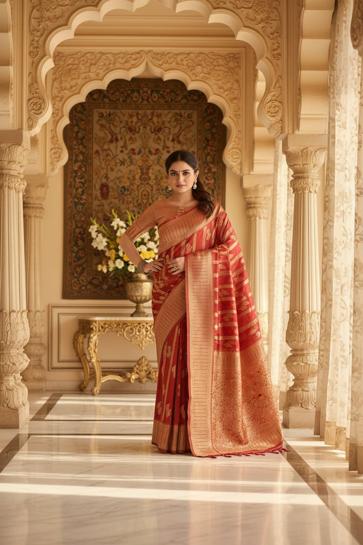 Red Banarasi silk saree - side drape view