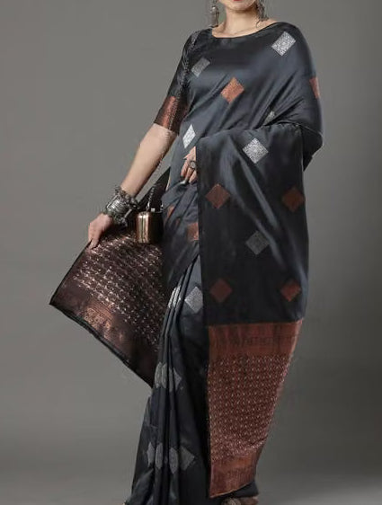 Charcoal Grey Banarasi Silk Saree - Model full drape showing copper zari border and pallu